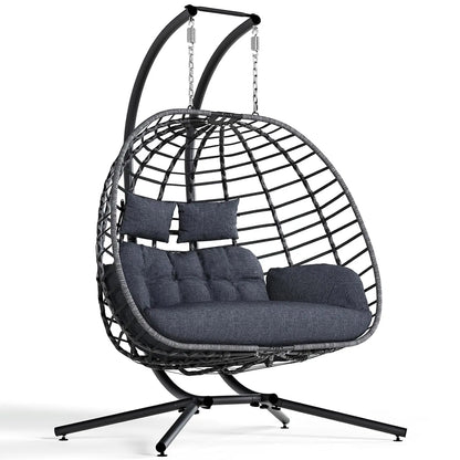 Double Egg Swing Chair with Stand, Outdoor Patio 2 Person Hanging Wicker Hammock Chairs with Cushion