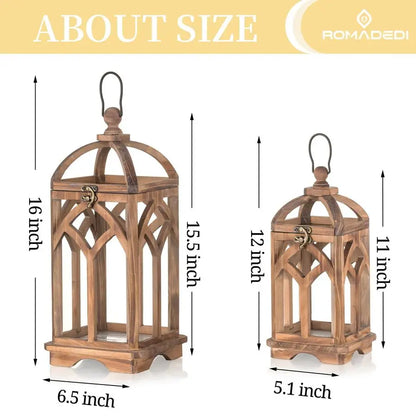 Farmhouse Candle Lantern Wooden  Set of 2 Decorative Rustic Wood Candle Holder