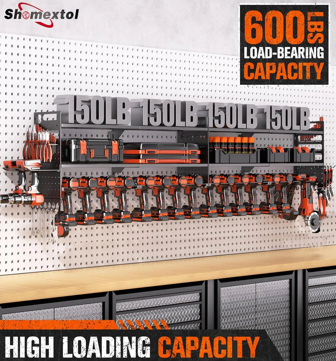 Heavy-Duty 3-Layer Wall-Mounted Tool Organizer with 18 Drill Holders, 600 Lbs Capacity for Garage and Workshop