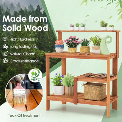 Garden Potting Table, Solid Wood Potting Table with Trellis, Open Shelves, Teak Oil Finish, Gardening Workstation & Planting Wor