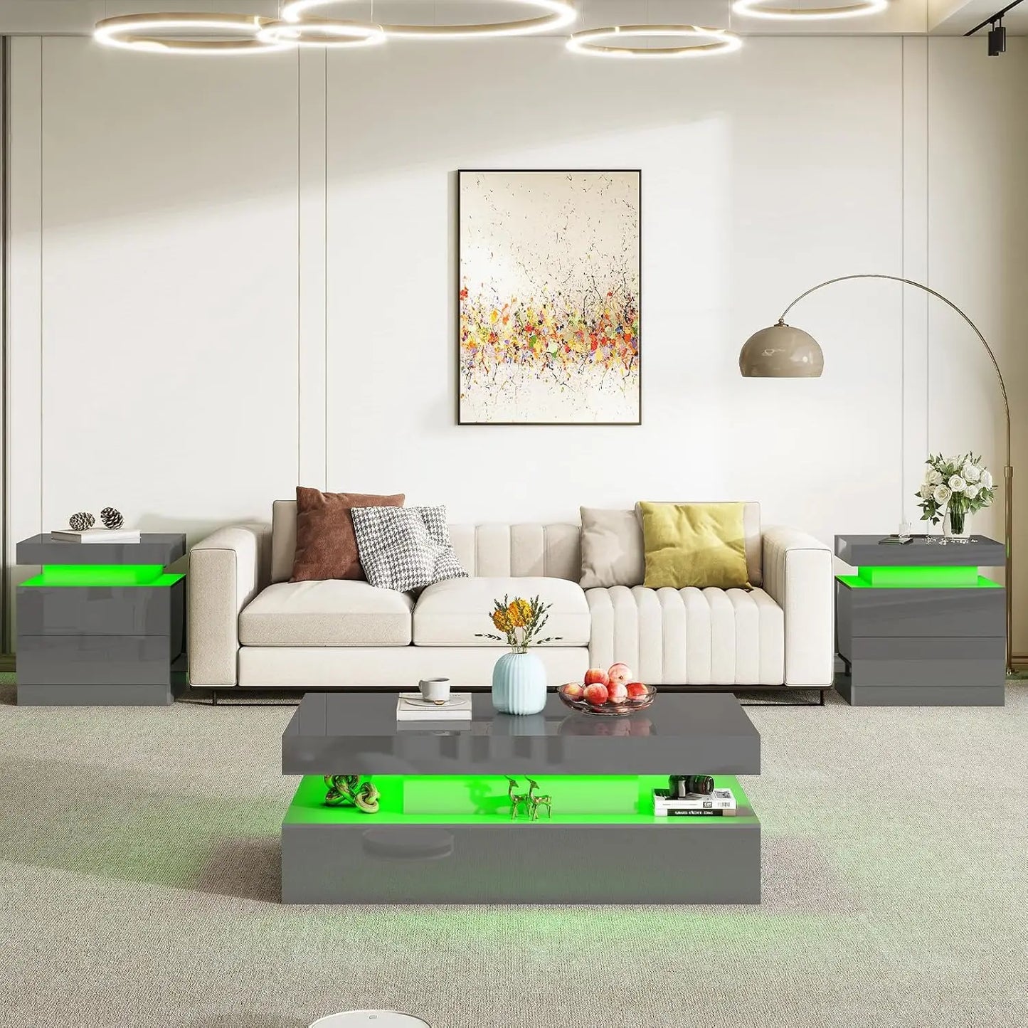 High Gloss End Table Set of 2 with Charging Station, Modern Bedside Table Night Stand with LED Lights,Customized