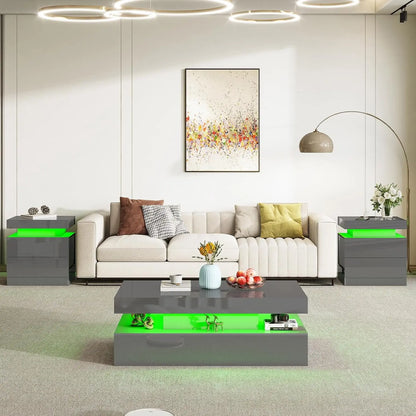 High Gloss End Table Set of 2 with Charging Station, Modern Bedside Table Night Stand with LED Lights,Customized