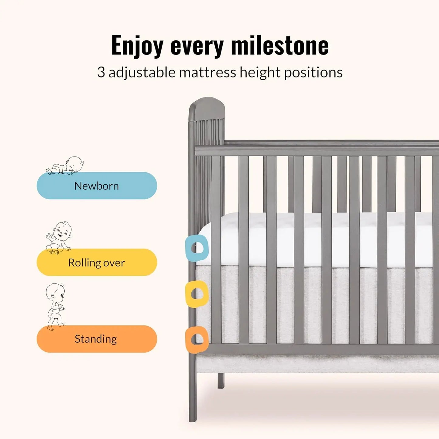 3-in-1 Convertible Baby Crib with Changing Table, Adjustable Mattress Heights, GREENGUARD Gold Certified for Safety