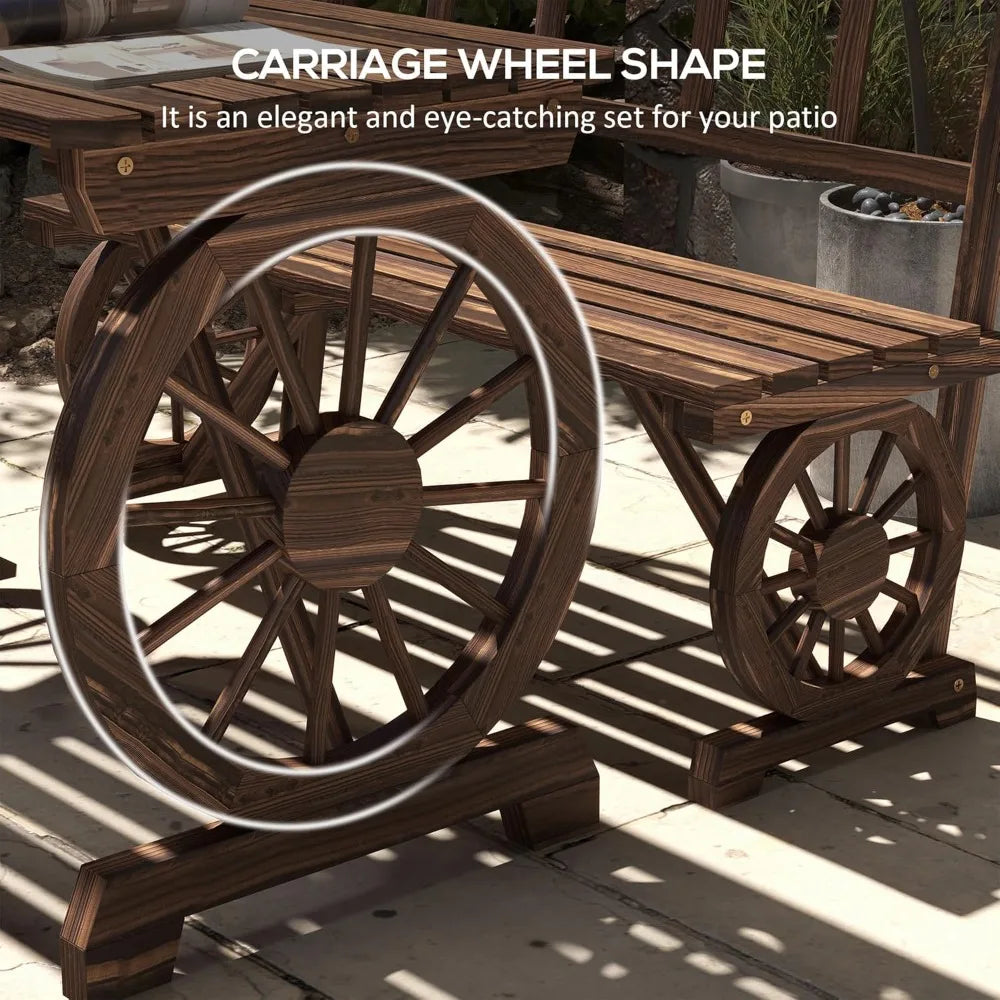 Outdoor Wooden Table and Chairs Set for 4 People, All Weather Patio Furniture with Wagon Wheel Design for Garden Deck