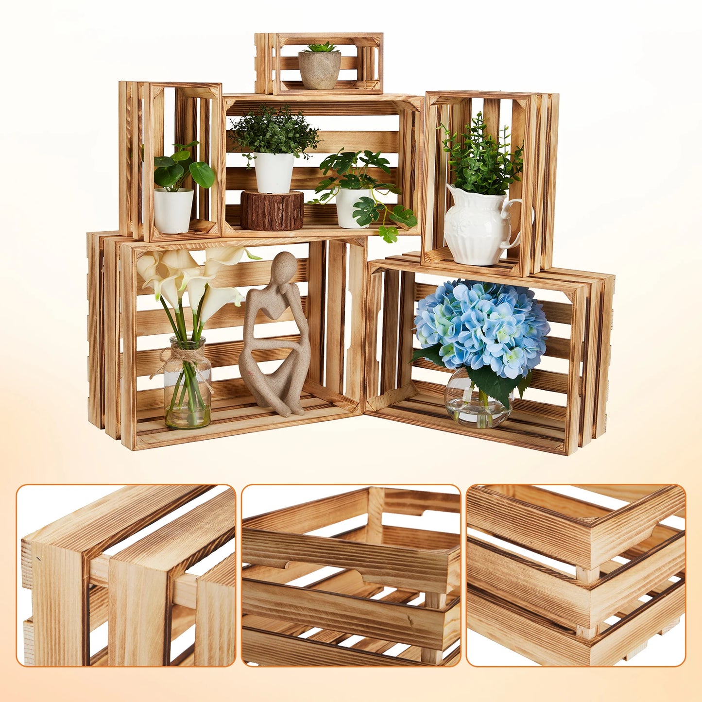 5 Pack Wooden Storage Crates, Rustic Farmhouse Nesting Crates, Decorative Wood Boxes for Home Decor, Display & Organization