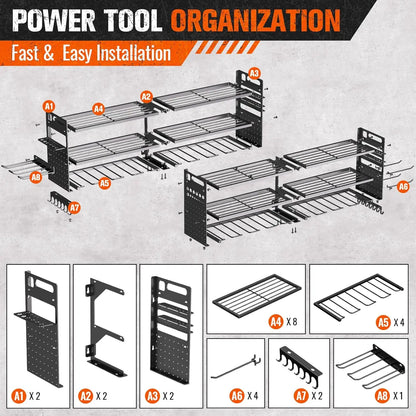 Heavy-Duty 3-Layer Wall-Mounted Tool Organizer with 18 Drill Holders, 600 Lbs Capacity for Garage and Workshop