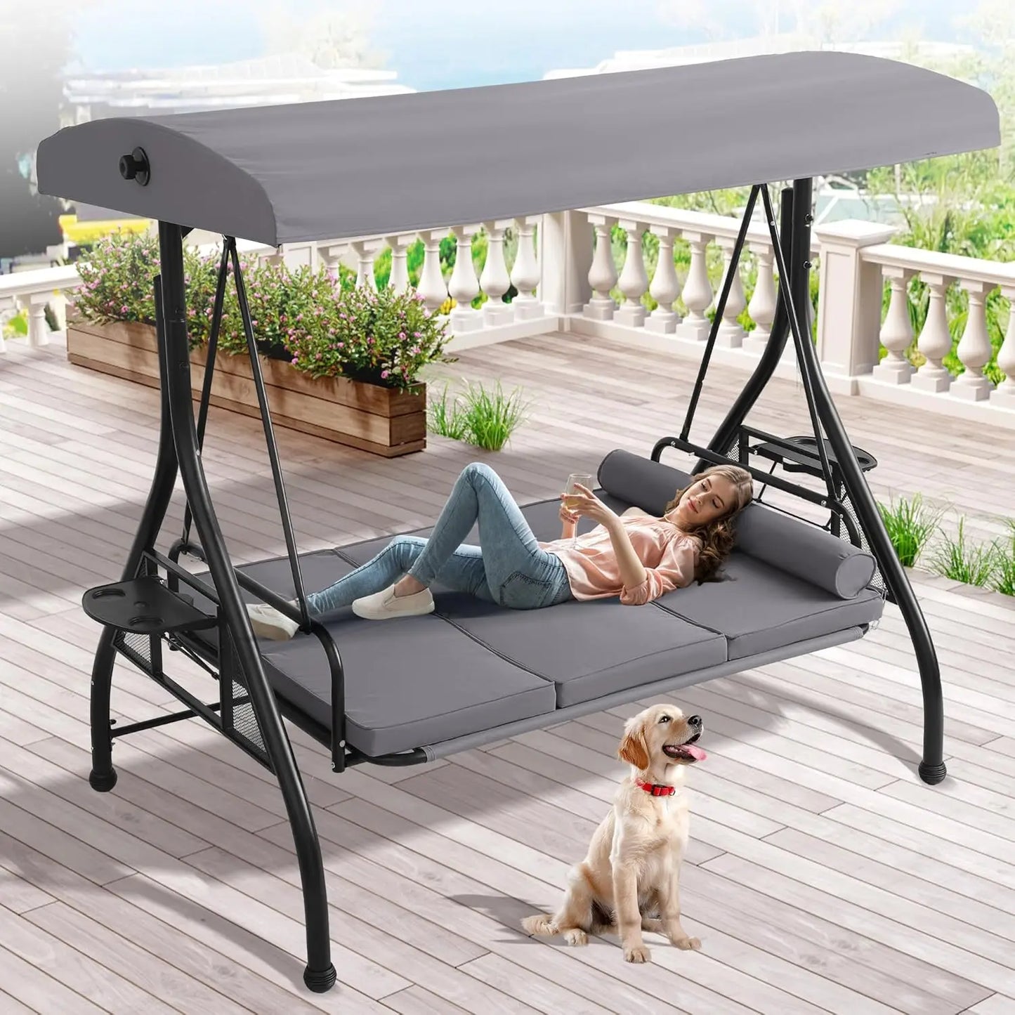 3 Person Outdoor Porch Swing with Canopy and Stand, Convertible 2 in 1 Porch Bed Swing , Customized