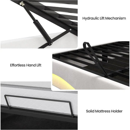 Twin Bed with LED Lights, Charging Station, Storage and Velvet Upholstery in Creamy White for Girls