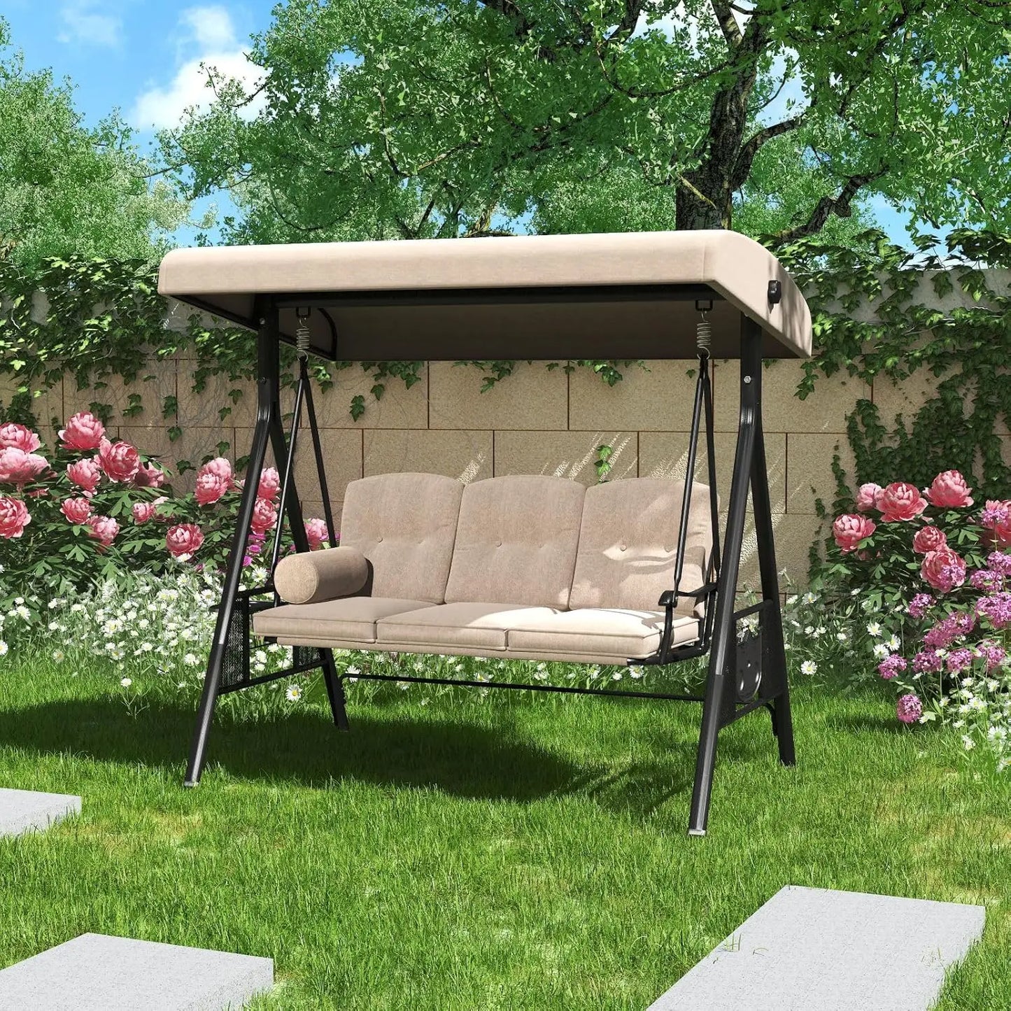 Outdoor 3-Seat Porch Swing with Adjustable Canopy