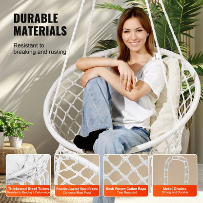 330lbs Macramé Hanging Rope Swing Chair for Bedroom, Balcony, Patio or Garden