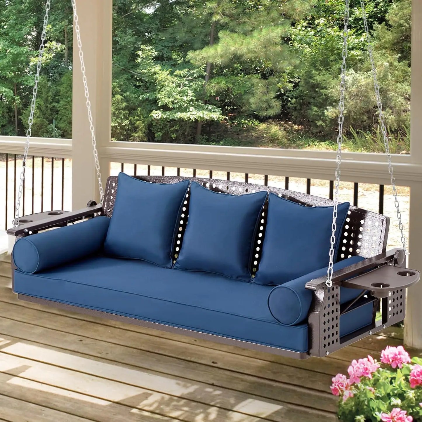 3 Seat Porch Swing with Cup Holders & 3 Back Cushions, includes Chains