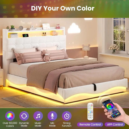 Twin Bed with LED Lights, Charging Station, Storage and Velvet Upholstery in Creamy White for Girls