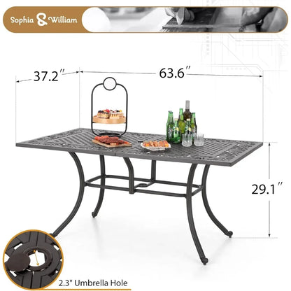 6-Person Rectangular Cast Aluminium Outdoor Dining Table, Patio Bistro Table with 2.3" Umbrella Hole for Porch Backyard