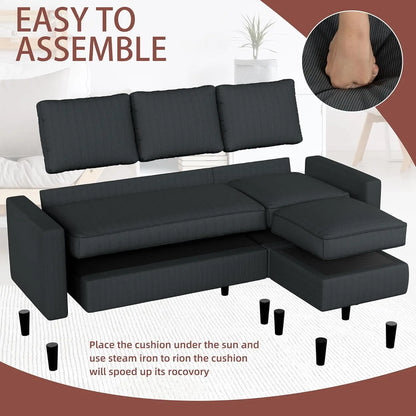 Convertible Sectional Sofa Couch L-Shape Movable Ottoman 3-Seat Soft Fabric Small Living Room Apartment Office Dark Gray, Custom