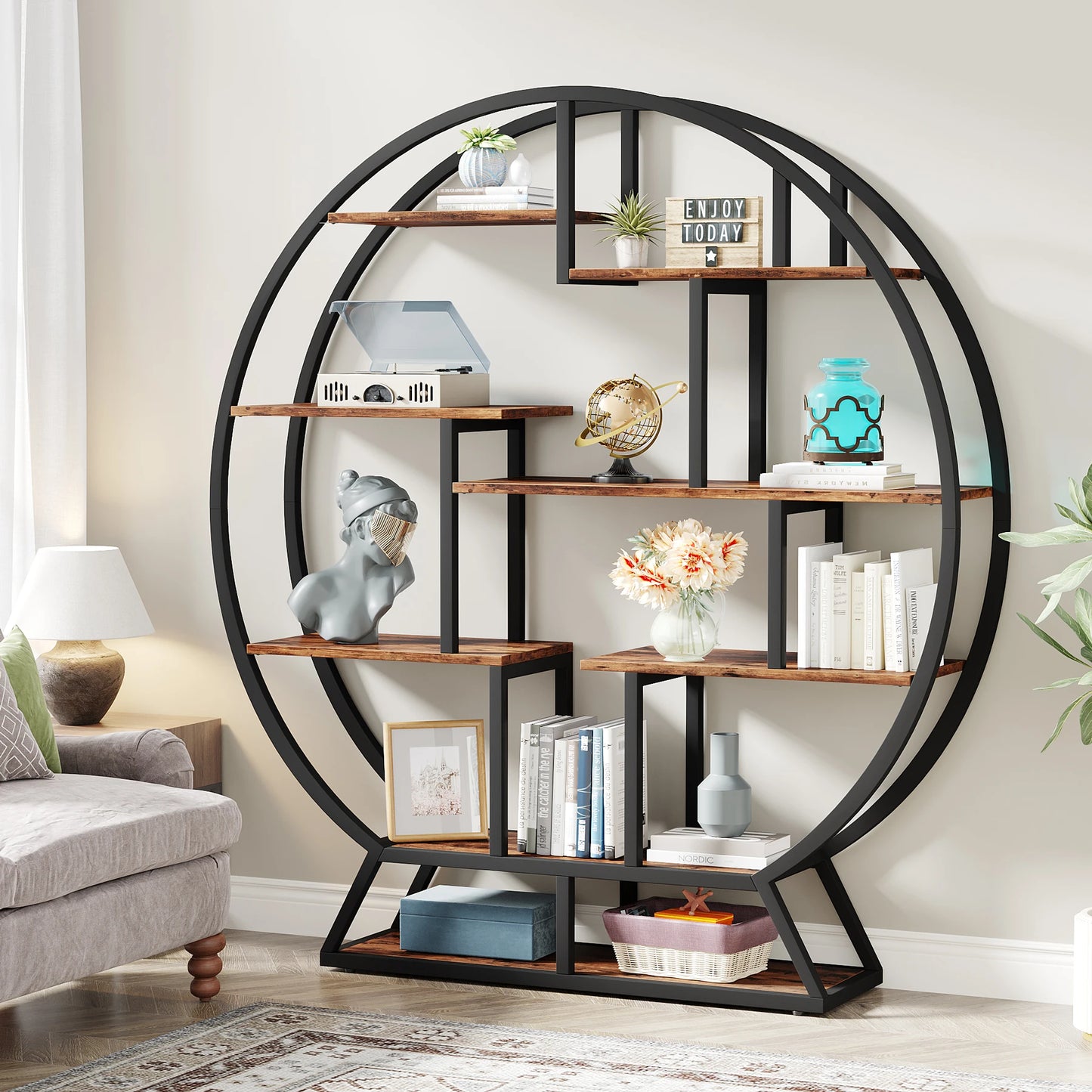 63-Inch Industrial Wood Book Shelf with Staggered Shelves