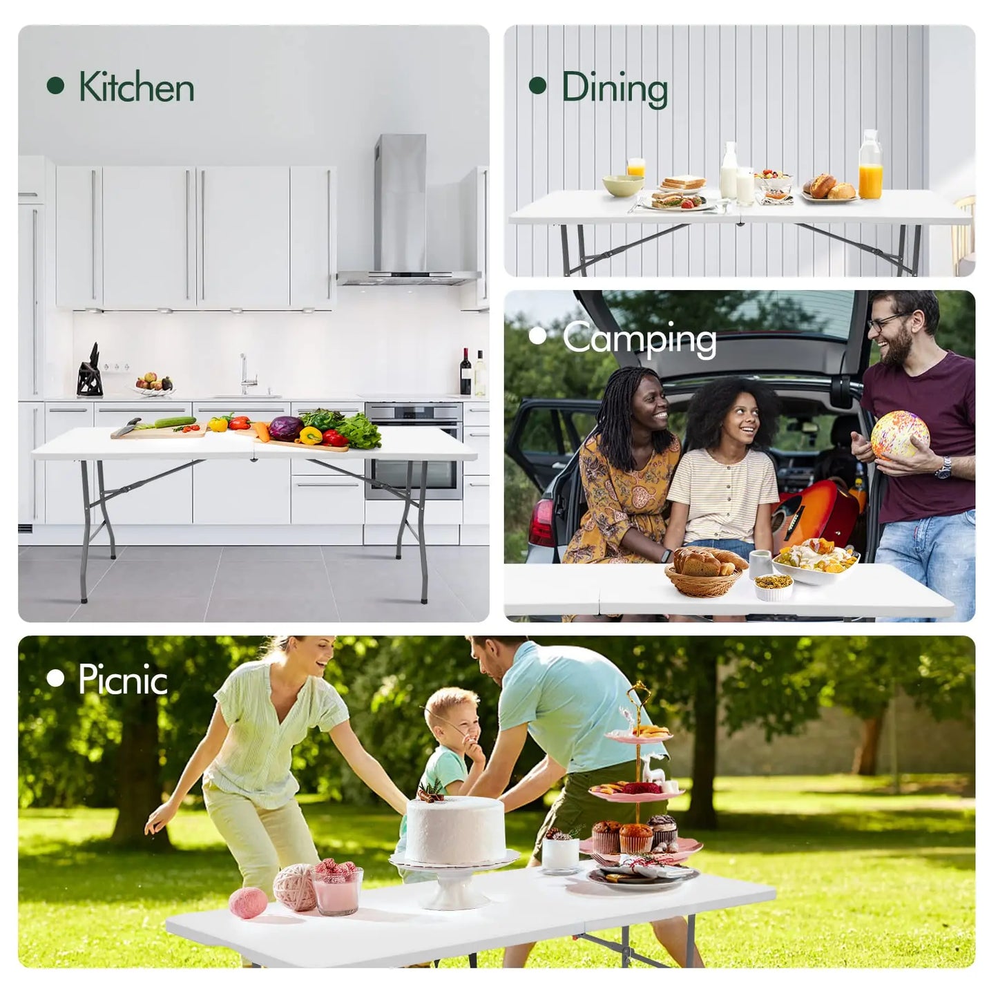 Folding Table 6 FT Lightweight Portable Plastic Fold-in-Half Utility Foldable Table Suitable to Hold Large, Plastic Dining Indoo
