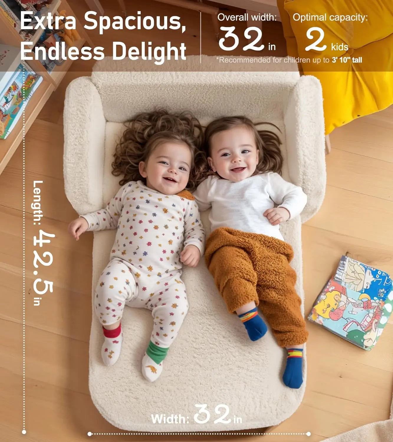 Convertible 2-in-1 Kids Couch & Lounger, Foldable Sofa Bed with High-Density Foam for Boys & Girls 3+, Beige