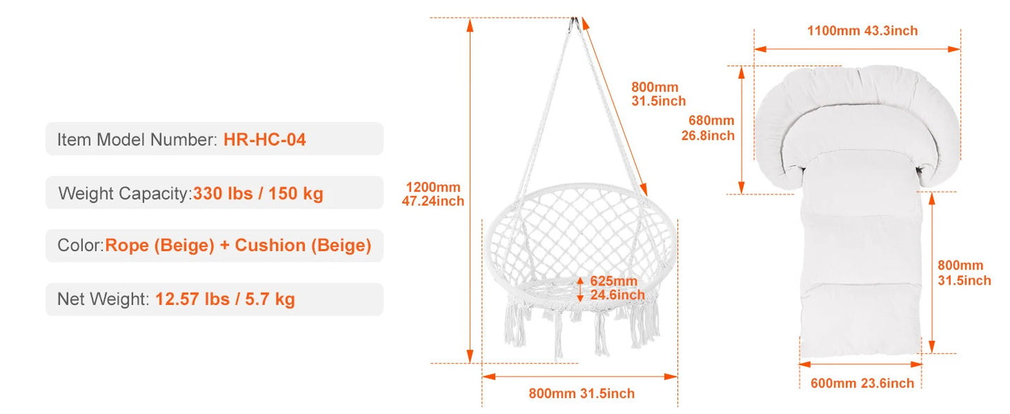 330lbs Macramé Hanging Rope Swing Chair for Bedroom, Balcony, Patio or Garden