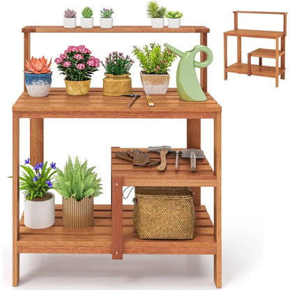 Garden Potting Table, Solid Wood Potting Table with Trellis, Open Shelves, Teak Oil Finish, Gardening Workstation & Planting Wor