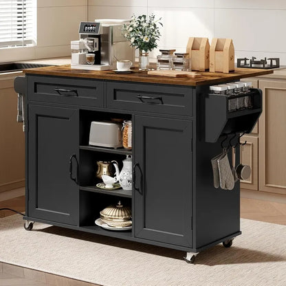 RALGEND Kitchen Island with Power Outlets & Drop Leaf, Kitchen Cart with Storage, Drawer and Spice Rack, Tower Rack