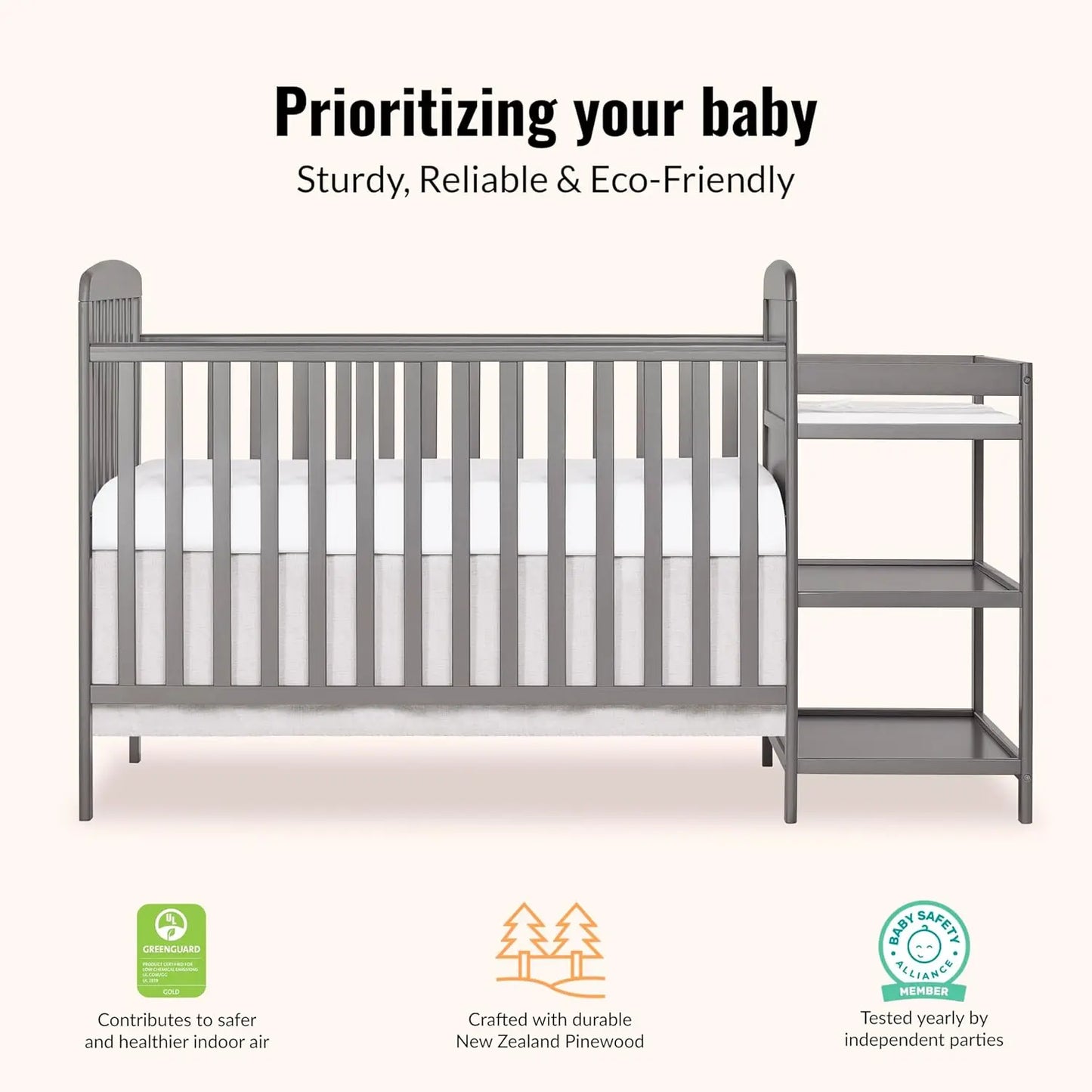 3-in-1 Convertible Baby Crib with Changing Table, Adjustable Mattress Heights, GREENGUARD Gold Certified for Safety
