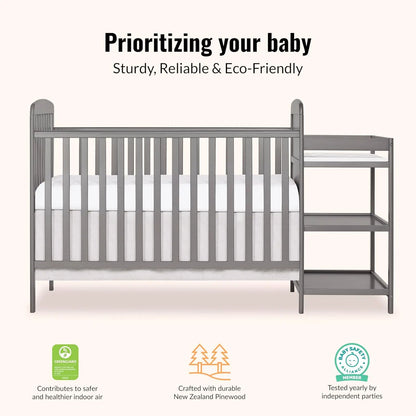 3-in-1 Convertible Baby Crib with Changing Table, Adjustable Mattress Heights, GREENGUARD Gold Certified for Safety