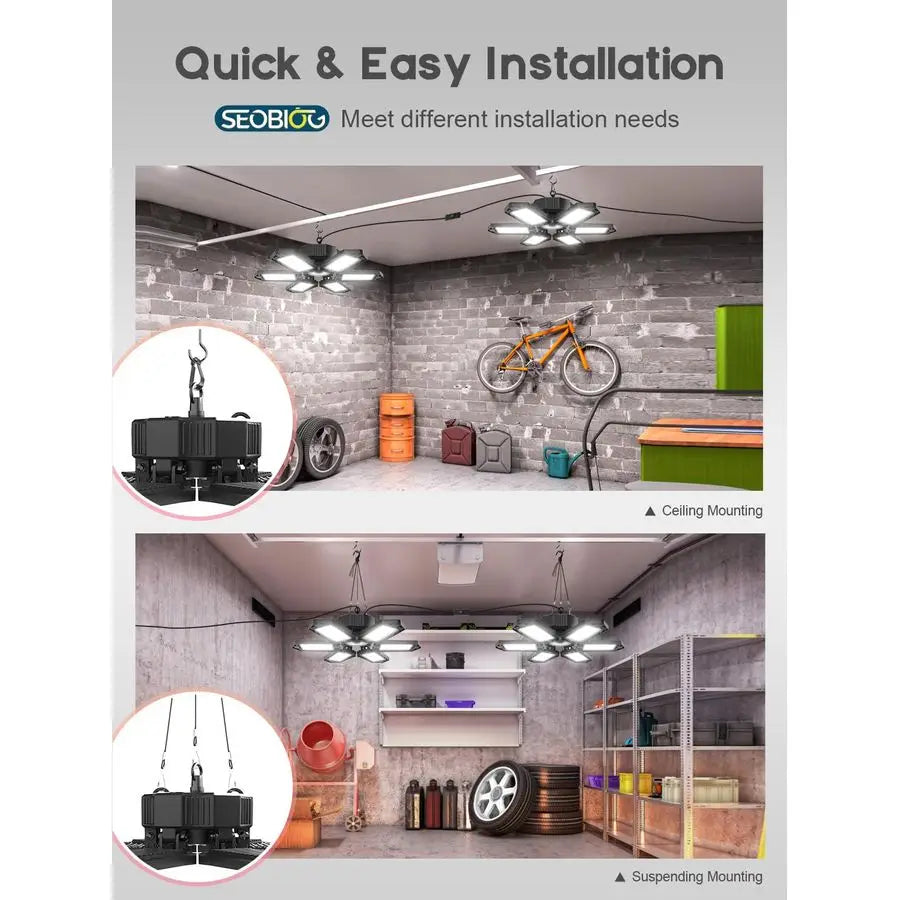 2 Pack Plug in Garage Light,  200W  Linkable LED Shop Light, 6500K Ceiling Lights w 6 Deformable Panels