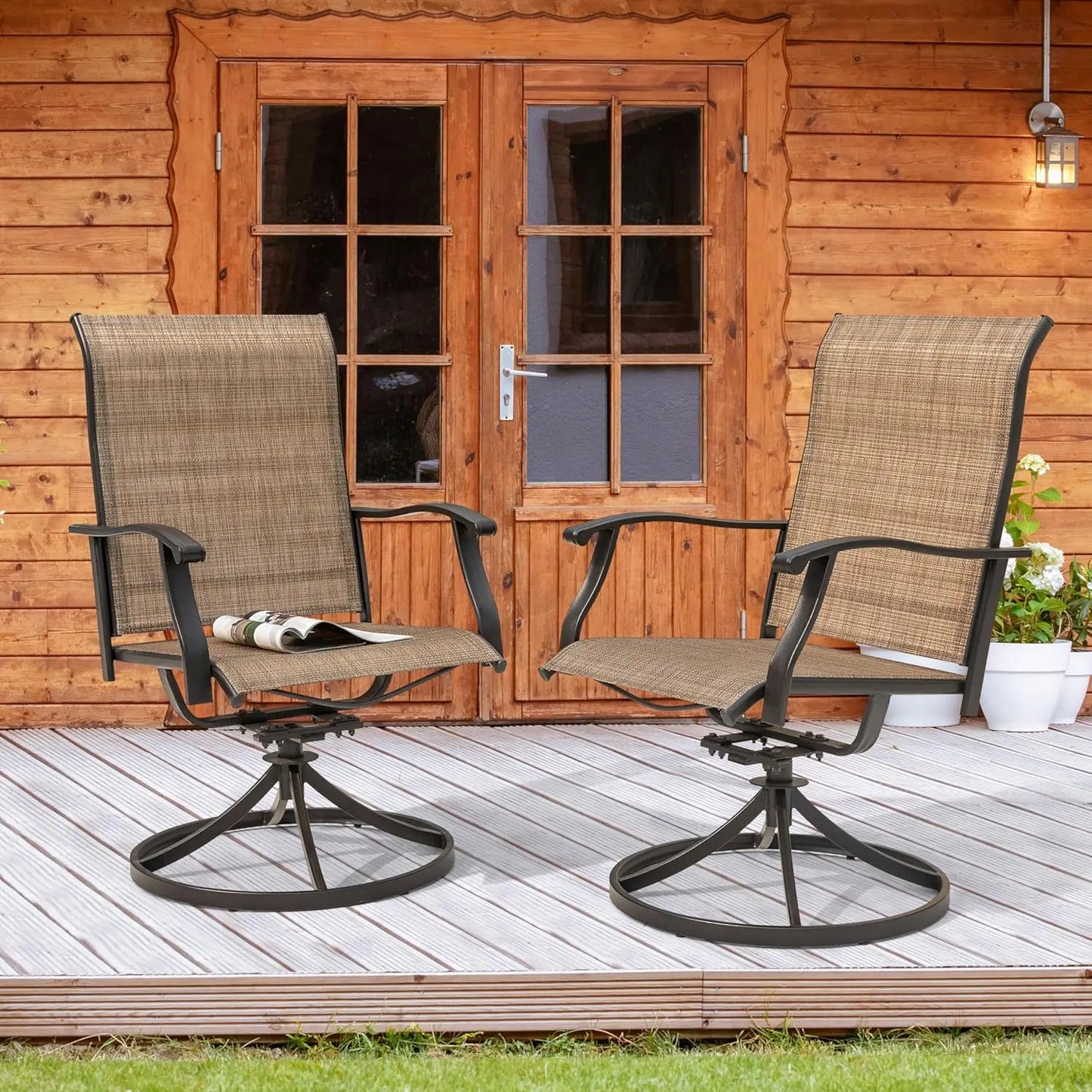 Outdoor Swivel Rocker Dining Chairs with All-Weather Textilene High Back and Metal, Set of 2
