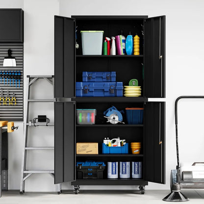 Metal Garage Storage Cabinet with Locking Doors and Adjustable Shelves, Rolling Tool Storage Cabinet with 4 Wheels