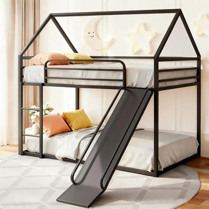Bunk Bed with Slide or Kids,Bunk Bed Twin Over Twin, Metal Junior House Low Bunk Bed, Toddler loor Bunk Beds e with Guardrail or