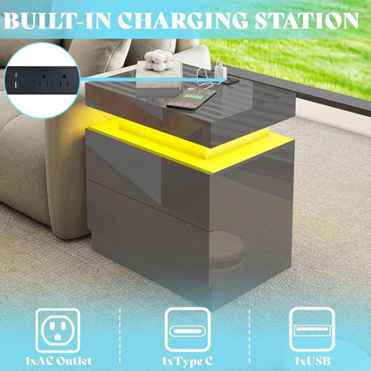 High Gloss End Table Set of 2 with Charging Station, Modern Bedside Table Night Stand with LED Lights,Customized