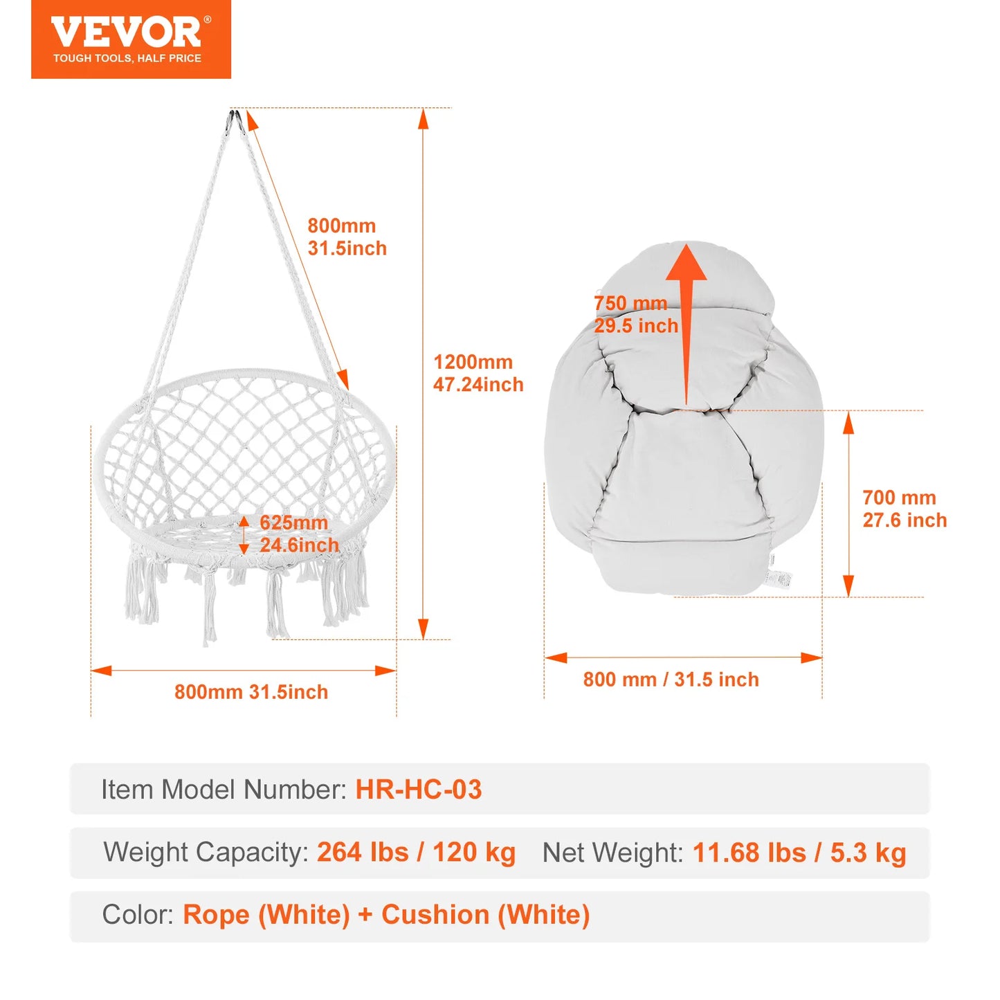 330lbs Macramé Hanging Rope Swing Chair for Bedroom, Balcony, Patio or Garden