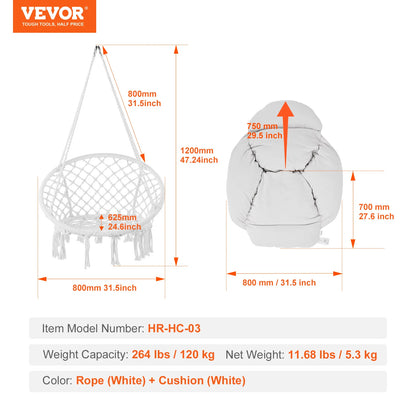 330lbs Macramé Hanging Rope Swing Chair for Bedroom, Balcony, Patio or Garden
