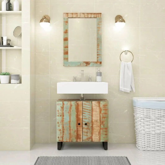 Rustic Bathroom Furniture Set, Solid Reclaimed Wood, 2-Piece Vanity Cabinet & Mirror, 13x24.4x22.8in, Farmhouse, Customized