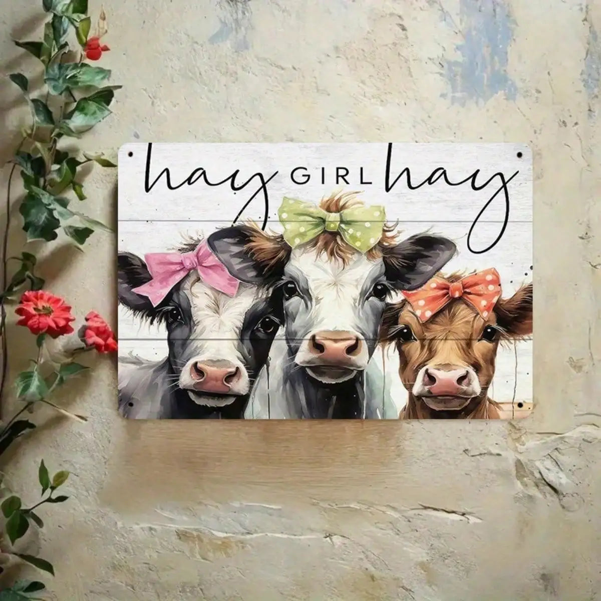 1PC Tin Sign Hay Girl Cow Art  Durable Metal, 8x12 Inches/20x30 Cm