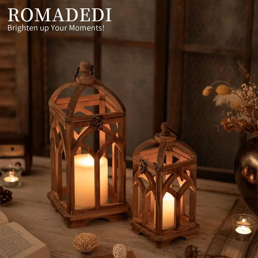 Farmhouse Candle Lantern Wooden  Set of 2 Decorative Rustic Wood Candle Holder