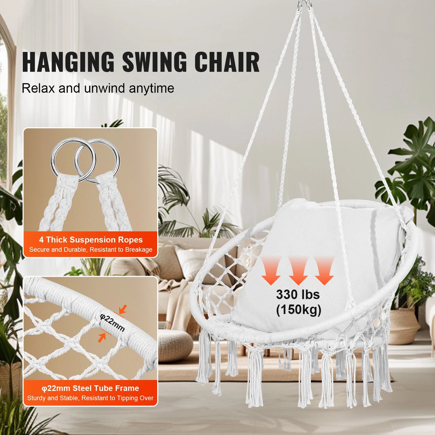 330lbs Macramé Hanging Rope Swing Chair for Bedroom, Balcony, Patio or Garden