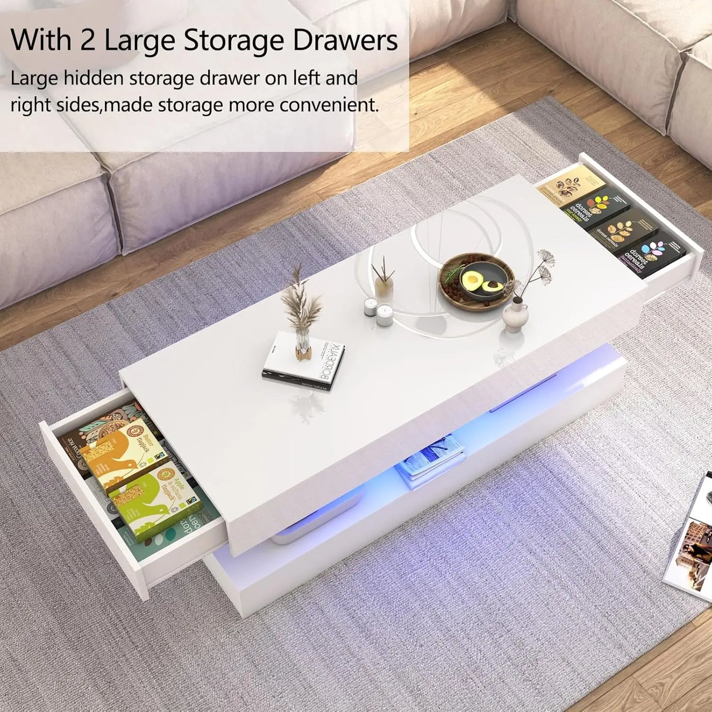 Modern Stylish Coffee Table with LED lights and 2 Storage Drawers