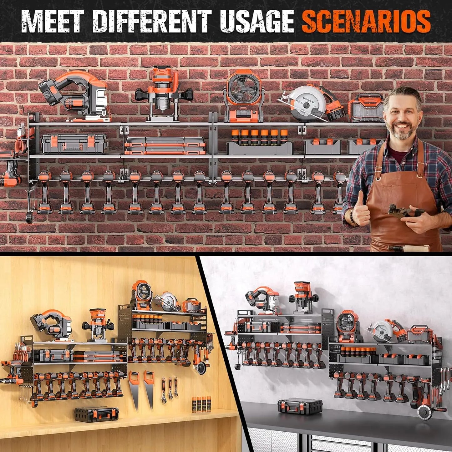 Heavy-Duty 3-Layer Wall-Mounted Tool Organizer with 18 Drill Holders, 600 Lbs Capacity for Garage and Workshop