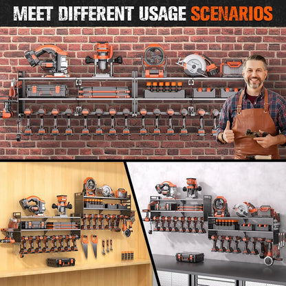 Heavy-Duty 3-Layer Wall-Mounted Tool Organizer with 18 Drill Holders, 600 Lbs Capacity for Garage and Workshop
