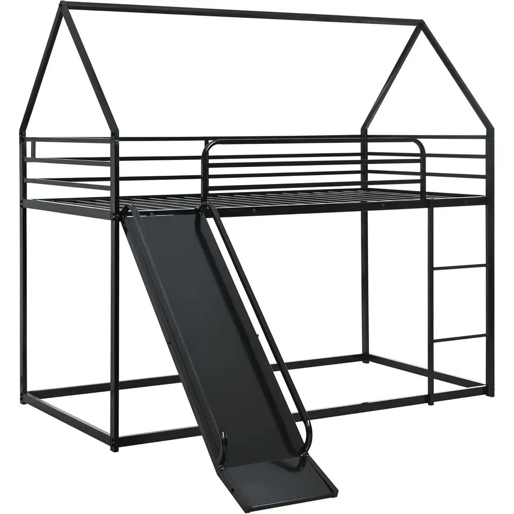 Bunk Bed with Slide or Kids,Bunk Bed Twin Over Twin, Metal Junior House Low Bunk Bed, Toddler loor Bunk Beds e with Guardrail or