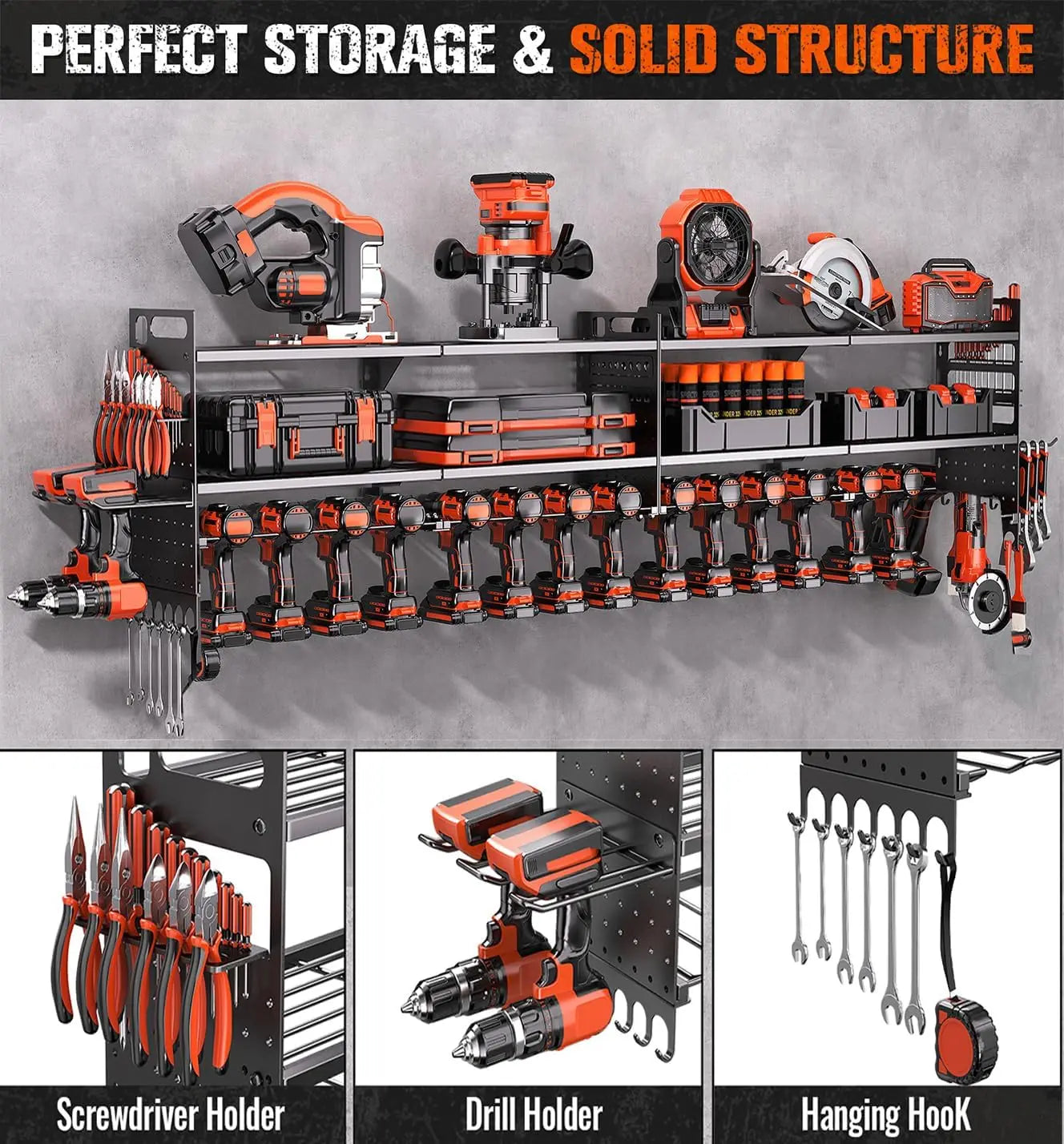 Heavy-Duty 3-Layer Wall-Mounted Tool Organizer with 18 Drill Holders, 600 Lbs Capacity for Garage and Workshop