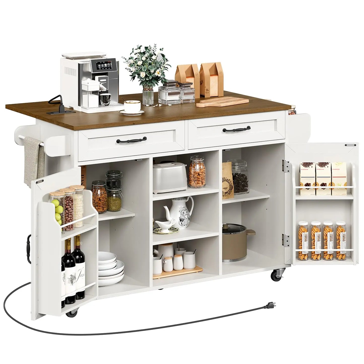 RALGEND Kitchen Island with Power Outlets & Drop Leaf, Kitchen Cart with Storage, Drawer and Spice Rack, Tower Rack