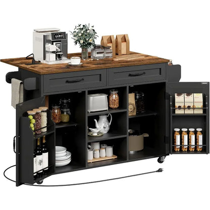 RALGEND Kitchen Island with Power Outlets & Drop Leaf, Kitchen Cart with Storage, Drawer and Spice Rack, Tower Rack