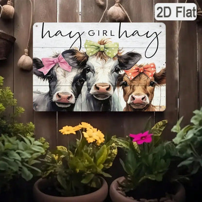 1PC Tin Sign Hay Girl Cow Art  Durable Metal, 8x12 Inches/20x30 Cm