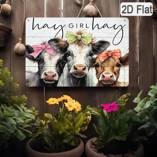 1PC Tin Sign Hay Girl Cow Art  Durable Metal, 8x12 Inches/20x30 Cm