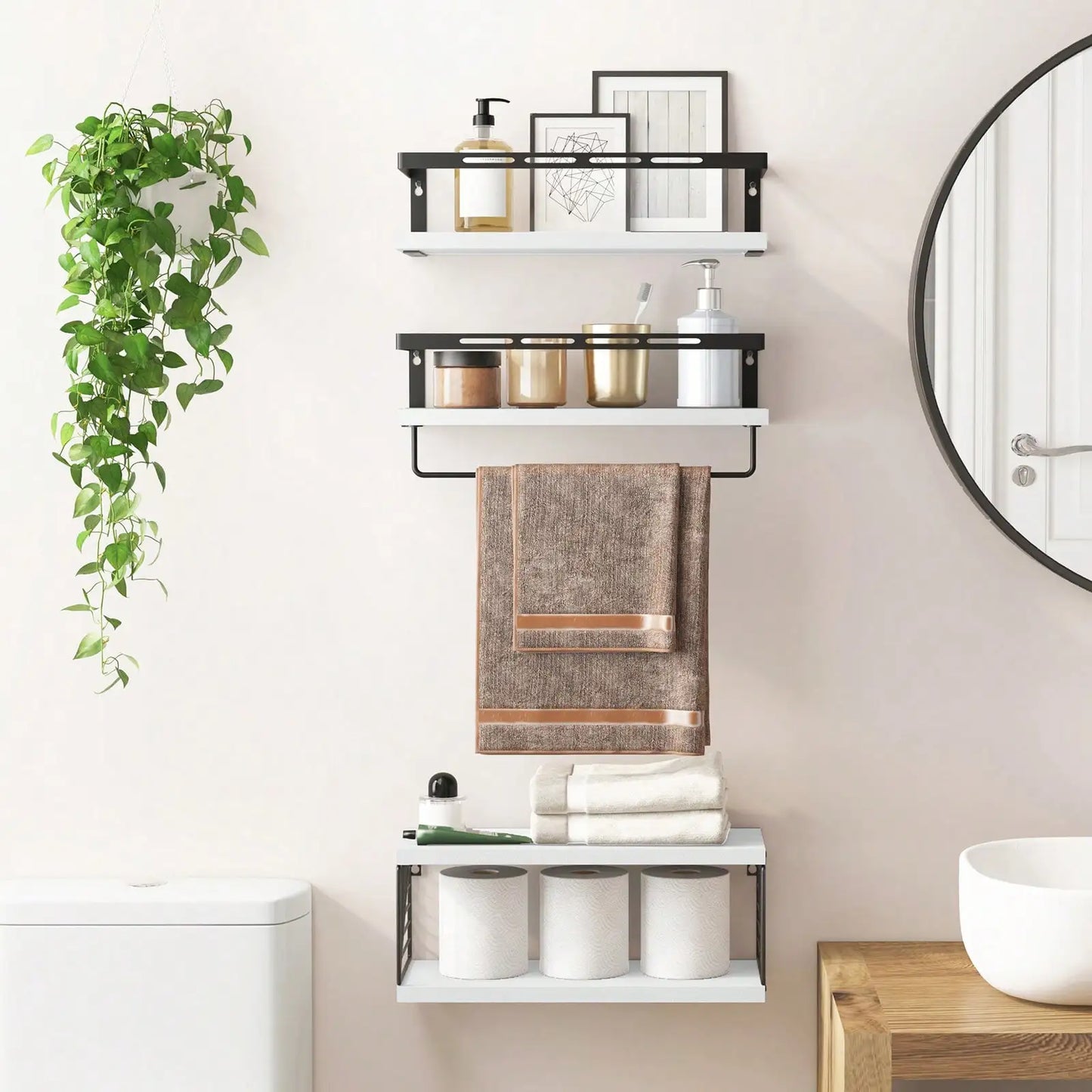 Tomnk 3+1 Tier Wall Mounted Bathroom Shelves  and Towel Bar