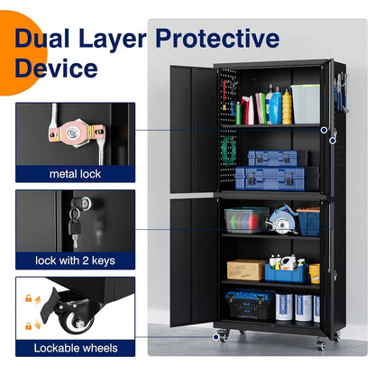 Metal Garage Storage Cabinet with Locking Doors and Adjustable Shelves, Rolling Tool Storage Cabinet with 4 Wheels