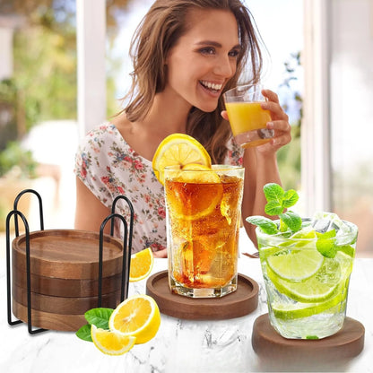 Wood Coasters for Drinks Absorbent Wooden Coasters with Holder for Table