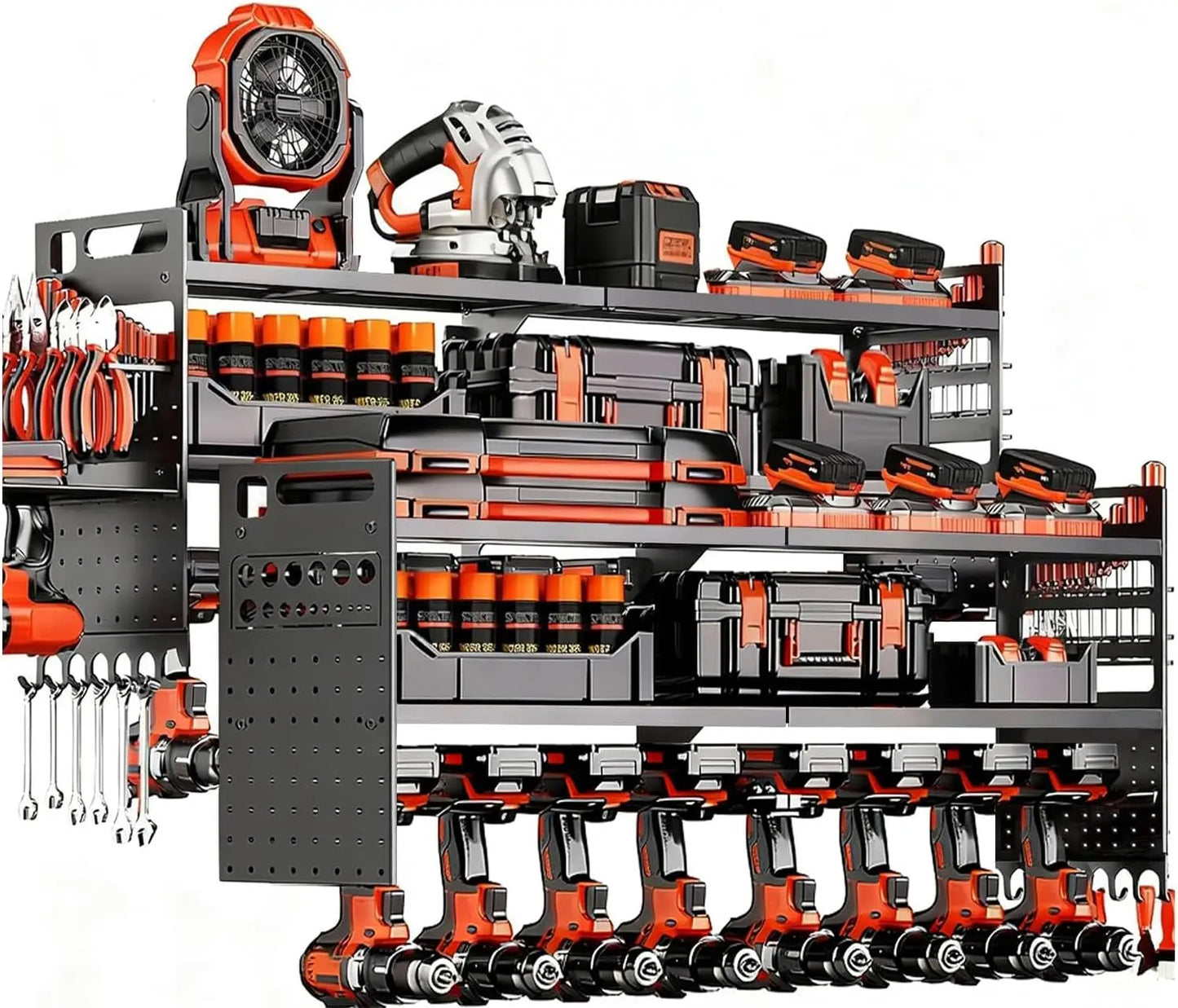 Heavy-Duty 3-Layer Wall-Mounted Tool Organizer with 18 Drill Holders, 600 Lbs Capacity for Garage and Workshop